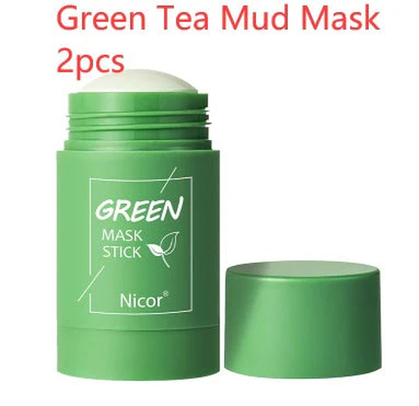 Cleansing Green Tea Clay Mask Stick for Oil Control, Acne Treatment, and Brightening with Seaweed Extract