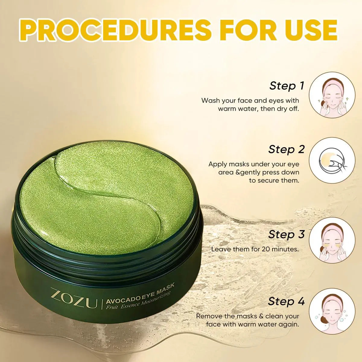 Avocado Moisturizing Collagen Eye Bagmask,60Pcs/Set under Eye Mask, Eye Care Product for Dark Eye Bags, Skin Care Gift Moisturizer Hydrating Comfort Eye Treatment Mask Brightening Eye Masks Hydrate